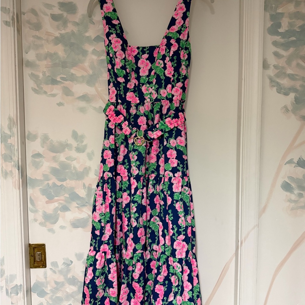 Lilly Pulitzer Floral Midi Dress - Pink and Green on Navy